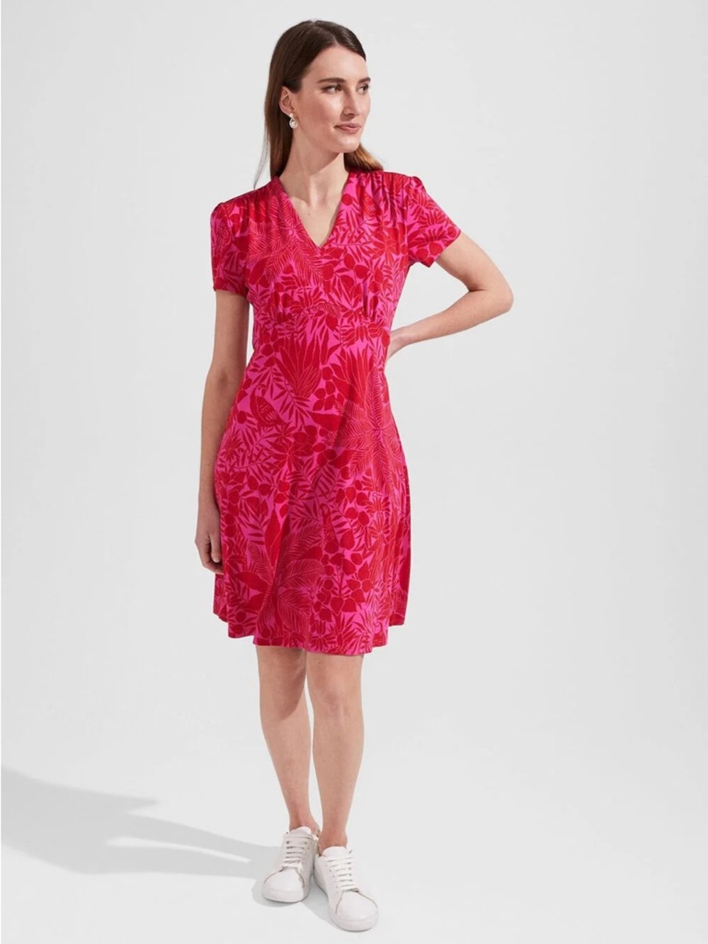 Hobbs Ann Floral Bird Jersey Dress Red Pink Short Sleeve Fit & Flare Size 12 - Picture 2 of 13